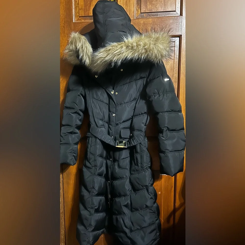 BEBE Black Puffer Long Coat Belted with Fur Trim Hood Women’s Size Medium - Picture 2 of 5